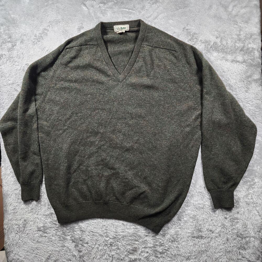 VINTAGE L.L.Bean Sweater Mens XL Green 100% Lambswool V Neck Knit Made Scotland